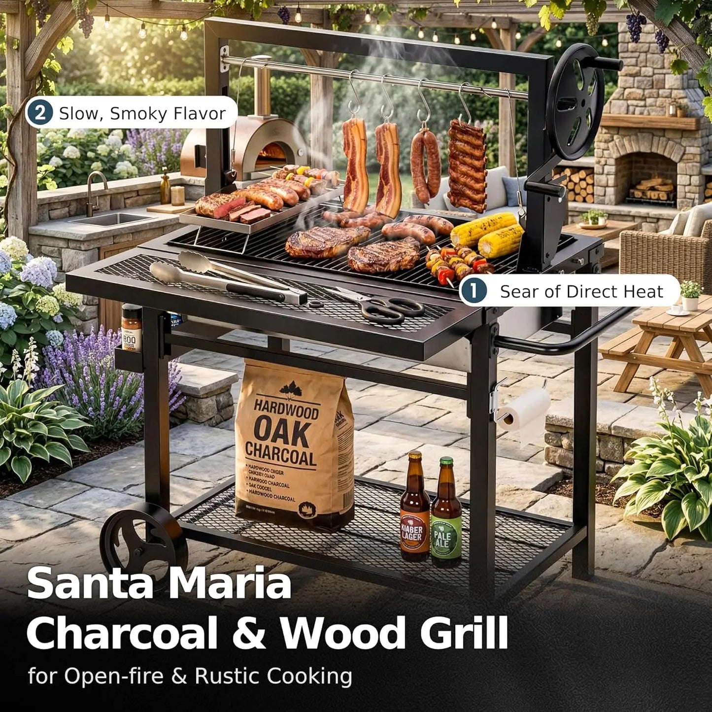 Santa Maria Charcoal & Wood BBQ Grill Adjustable Height Dual Enameled Trays 666sq.in Backyard, Custom