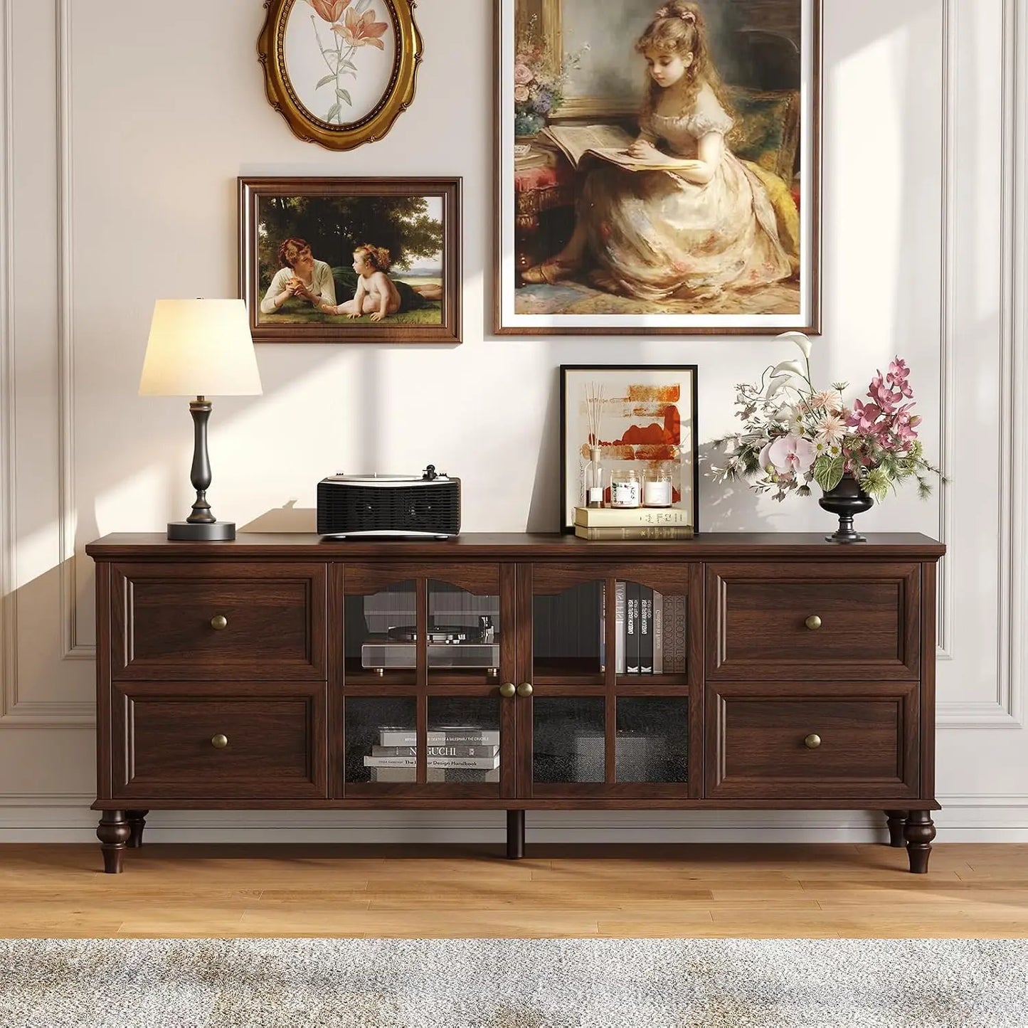 62 Inch Farmhouse Wood TV Stand Entertainment Center with Storage, 4 Drawers & Glass Doors, Adjustable Shelves Media Console for Living Room/Bedroom
