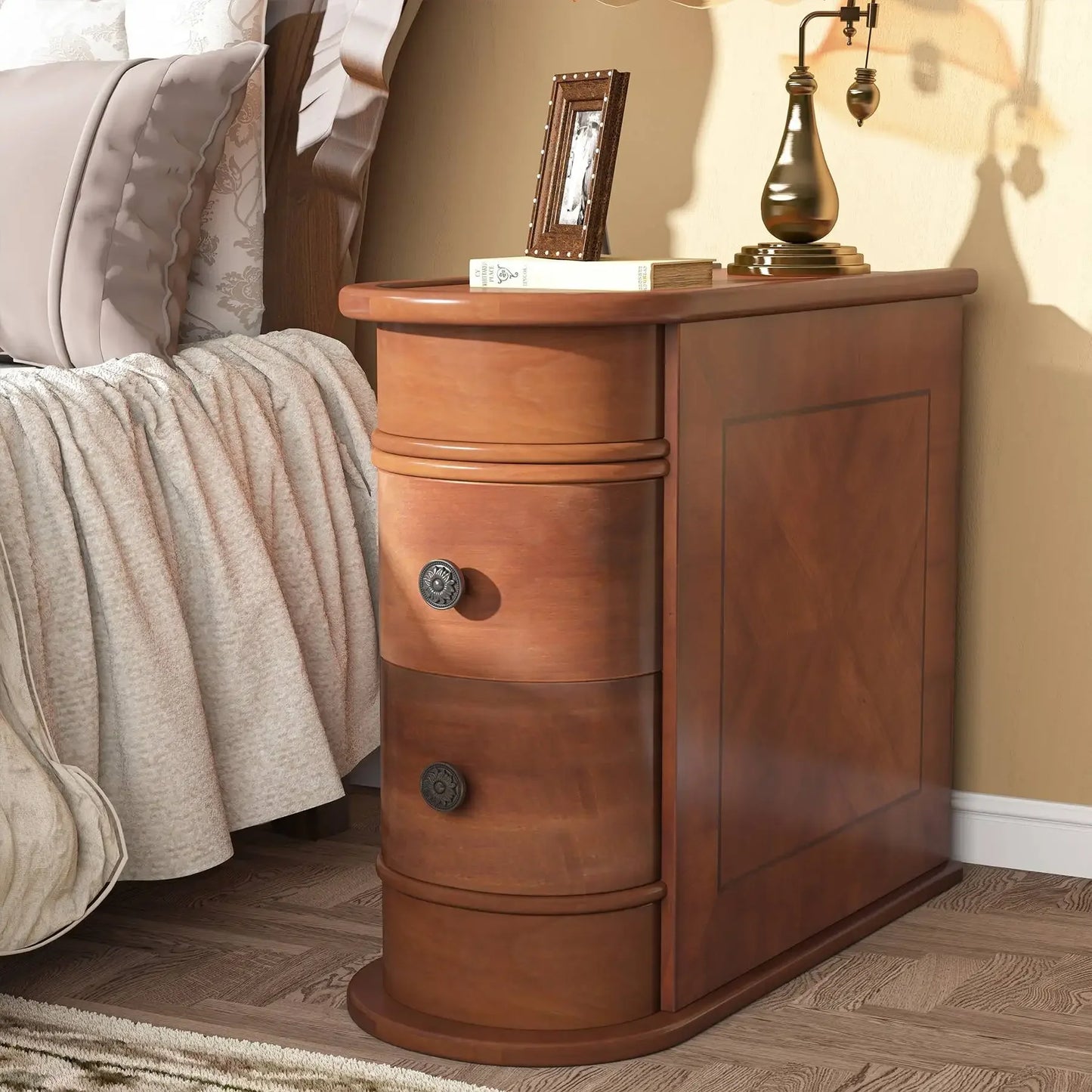 End Table Round Solid Wood Sofa Bedside Narrow Bedroom Side Table Nightstand with Drawer