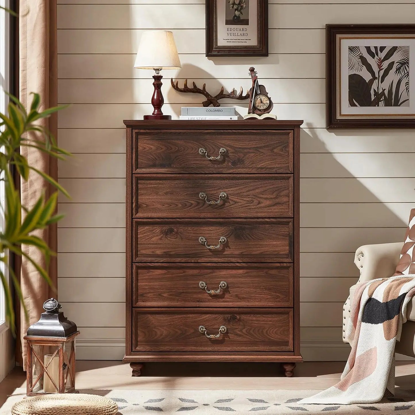 Farmhouse 5 Drawer Dresser for Bedroom, 45" Tall Rustic Chests of Drawers w/ 4 Solid Wood Feet, Mid Century Modern, Customized