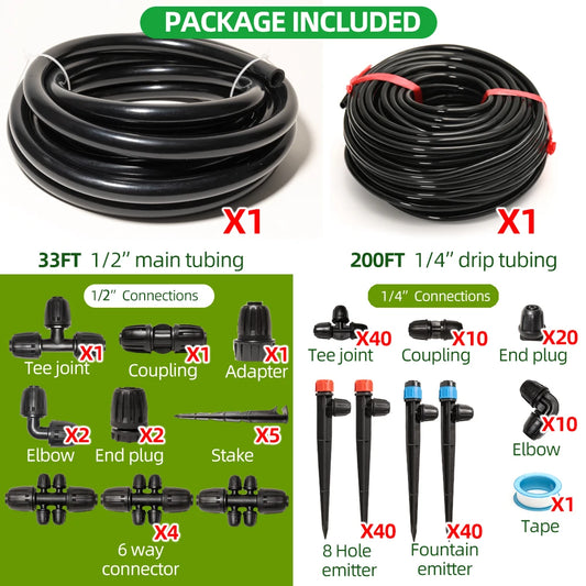 1/2" Main line Drip Irrigation System Adjustable Drippers Plant Garden Watering Set Watering Kits Locked Fittings Do not Pop Out