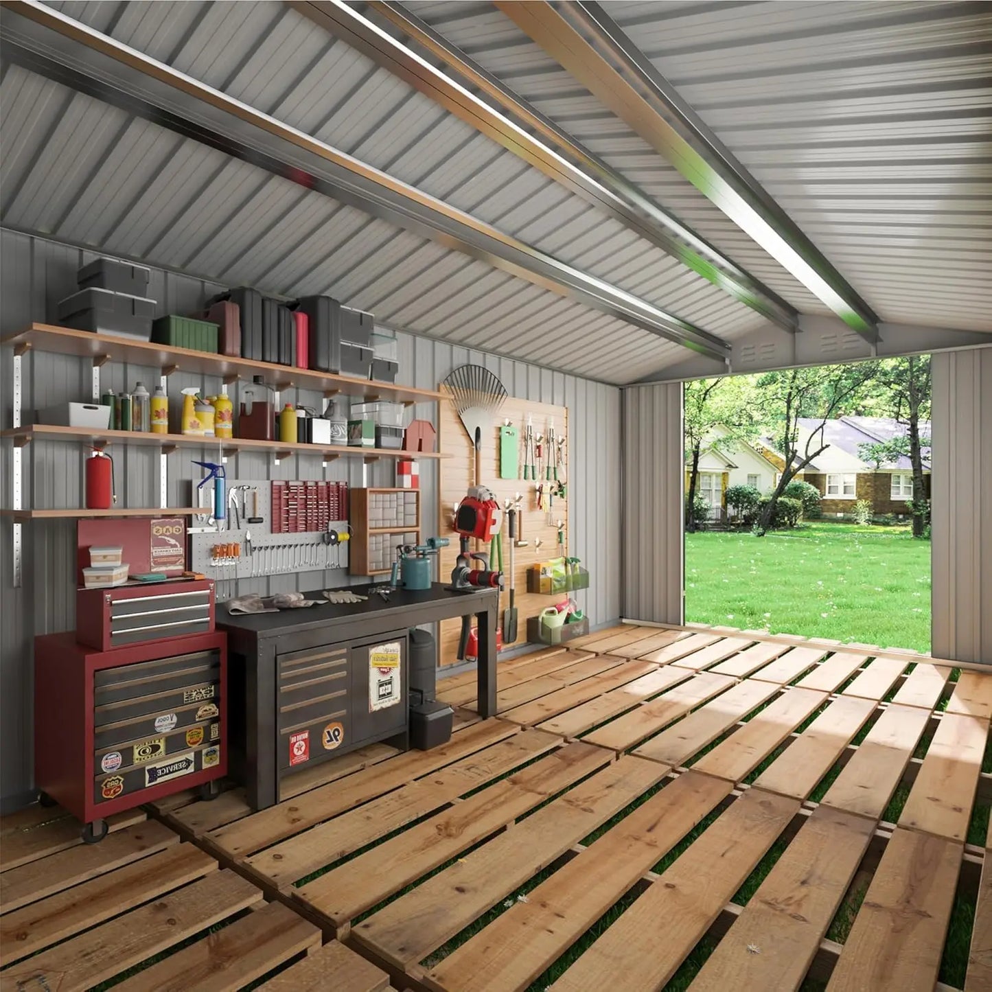 10x10~12x18FT Outdoor Metal Storage Heavy-Duty Frame Shed w/ Lockable Door, Heavy-Duty Tool Shed For Backyard Patio Graden