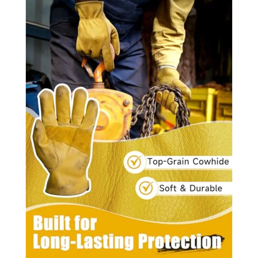 Leather Work Gloves for Men Women Reinforced Durable Gardening Gloves Cowhide Work Gloves Puncture Cut Resistant