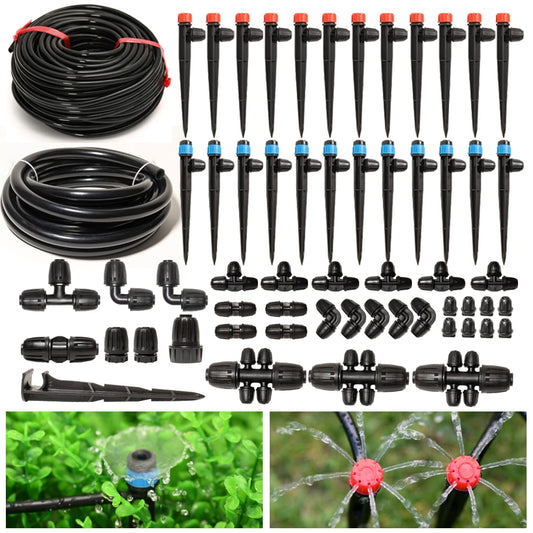 Drip Irrigation System Kit with 33Ft 1/2 Inch Tubing, 200Ft 1/4 Inch Tubing Automatic Irrigation Equipment Locked Fittings
