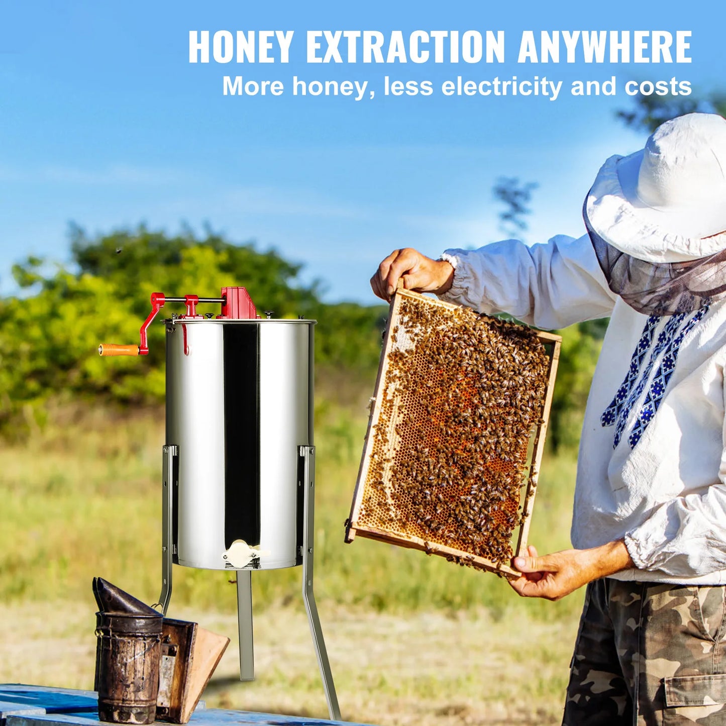 Manual Honey Stainless Steel Beekeeper Extractor Honeycomb Drum Spinner with Lid Adjustable Apiary Centrifuge Equipment