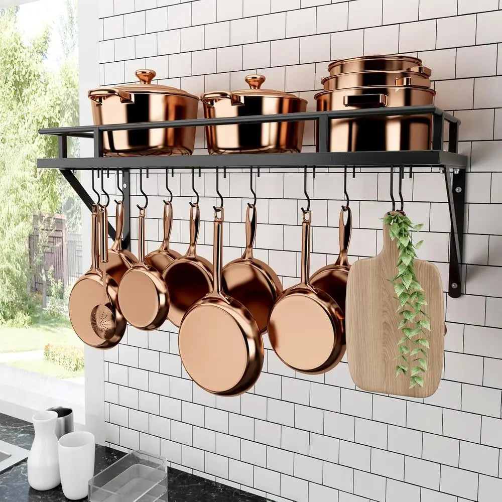 30-Inch Kitchen Pan Pot Rack Wall Mounted, Hanging Storage Organizer | 88 Lbs Capacity, Wall Shel with 12 Sturdy Hooks, 16-Inch