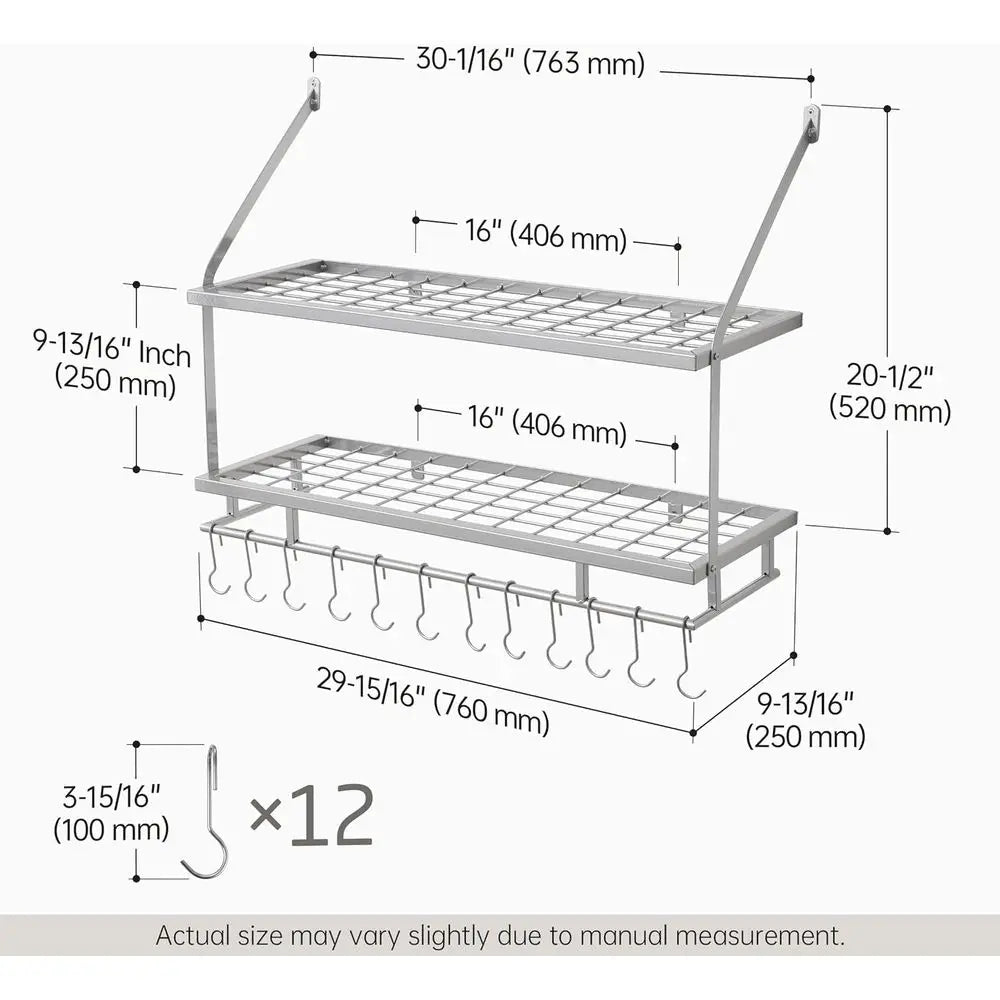 30-Inch Silver Gray Pot Rack Wall Mounted, 100 Lbs Capacity | 2-Tier, Hanging Pot and Pan Organizer with 12 Sturdy Hooks, Kitche
