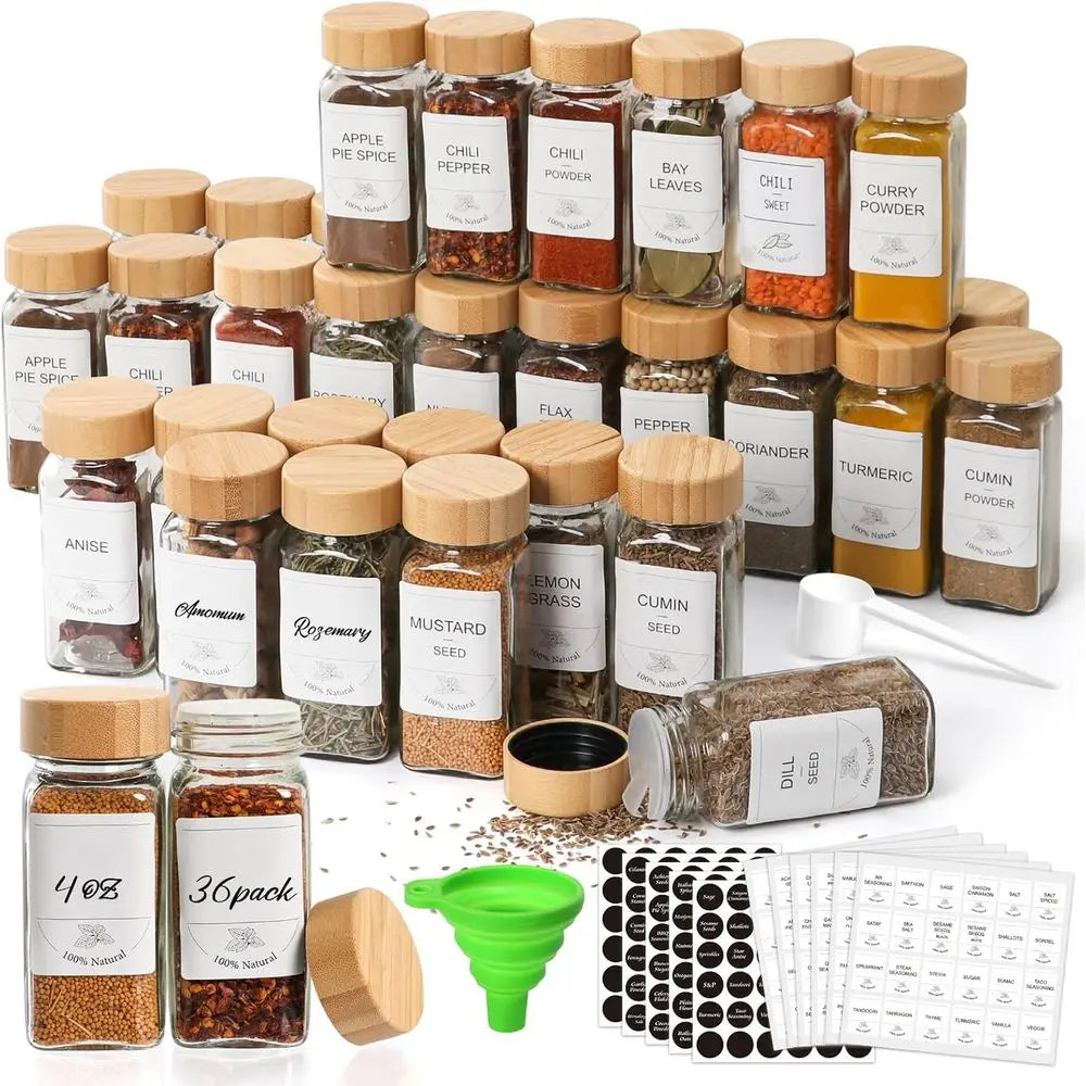 36 Pack 4 oz Glass Spice Jars with Bamboo Lids, Empty Square Containers with 319 Blank & Printed Spice Labels, Collapsibleunnel
