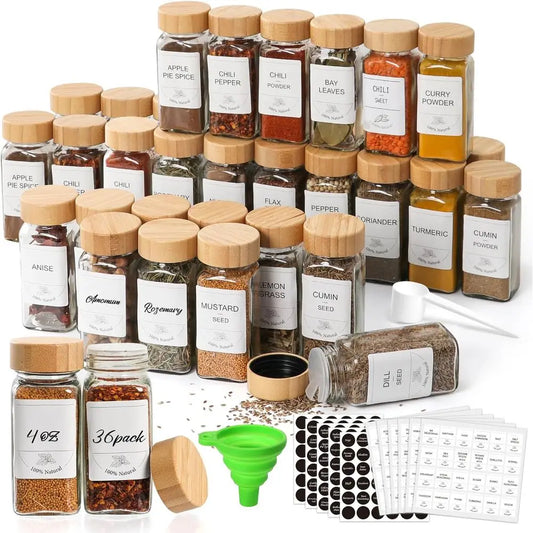 36 Pack 4 oz Glass Spice Jars with Bamboo Lids, Empty Square Containers with 319 Blank & Printed Spice Labels, Collapsibleunnel