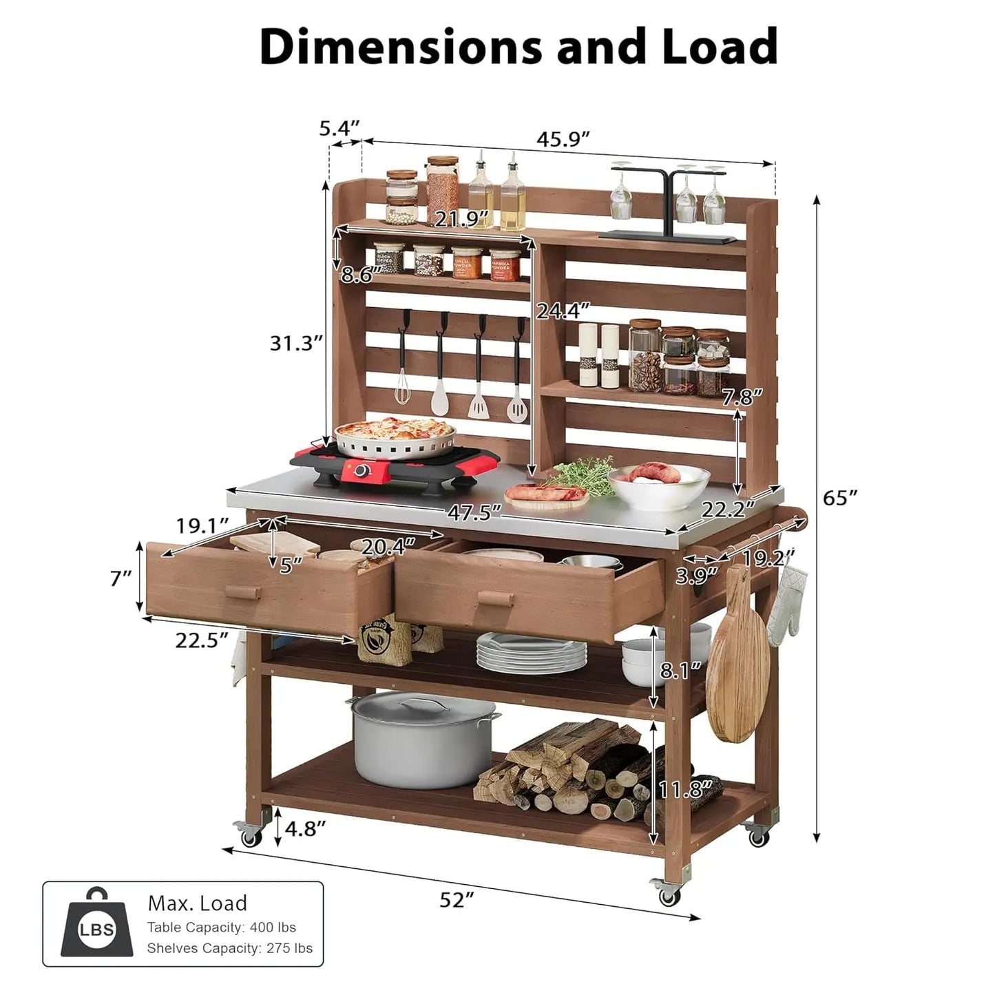 64.9"H Outdoor Potting Bench Table, Outdoor Wood Workstation Table with Lockable Wheels, Stainless Steel Top, Towel, Customized