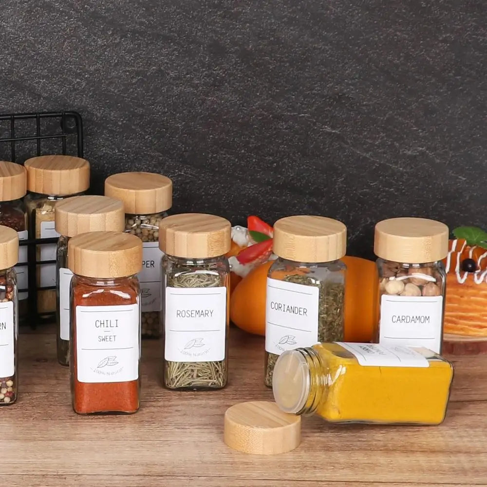 36 Pack 4 oz Glass Spice Jars with Bamboo Lids, Empty Square Containers with 319 Blank & Printed Spice Labels, Collapsibleunnel