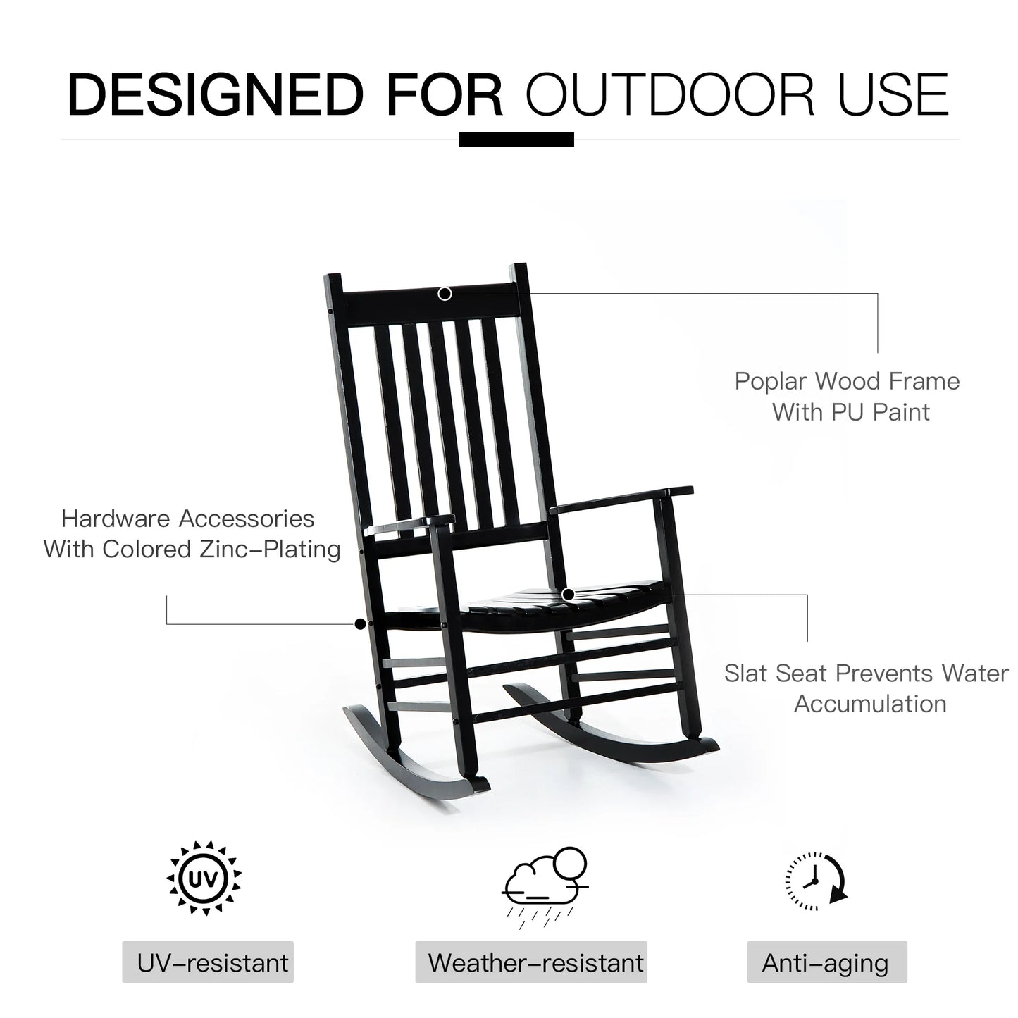 Outdoor Rocking Chair, Wooden Rustic High Back All Weather Rocker, Slatted for Indoor, Backyard & Patio, Black