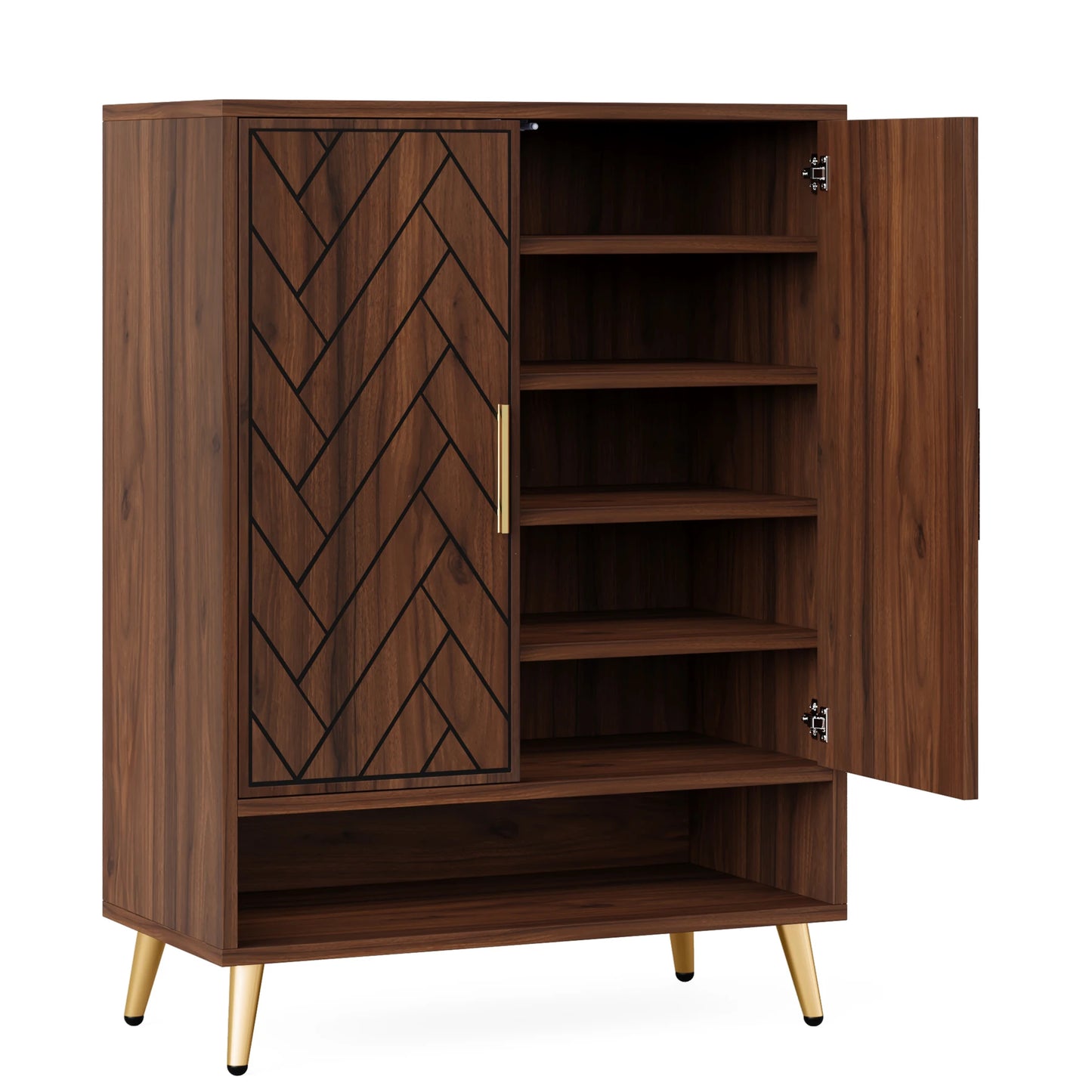 6-Tier Shoe Cabinet with Doors, Walnut Wooden Shoe Storage Cabinet with Adjustable Shelves for Entryway