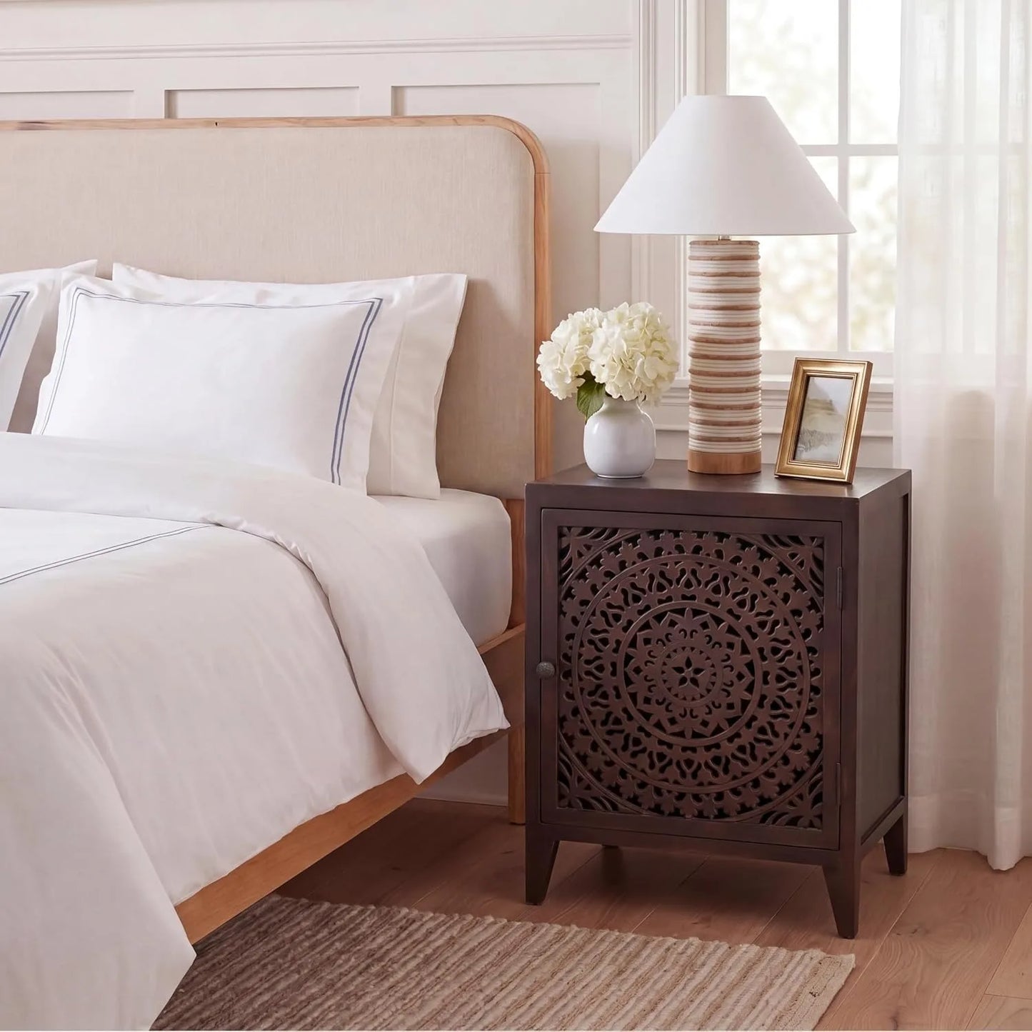 Carved Mango Wood Single Door Nightstand Brown Artisan Bedroom Side Table, Customized