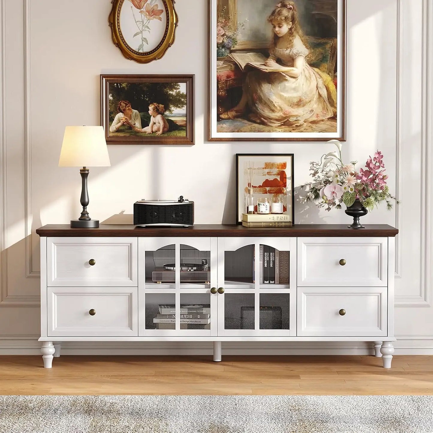 62 Inch Farmhouse Wood TV Stand Entertainment Center with Storage, 4 Drawers & Glass Doors, Adjustable Shelves Media Console for Living Room/Bedroom