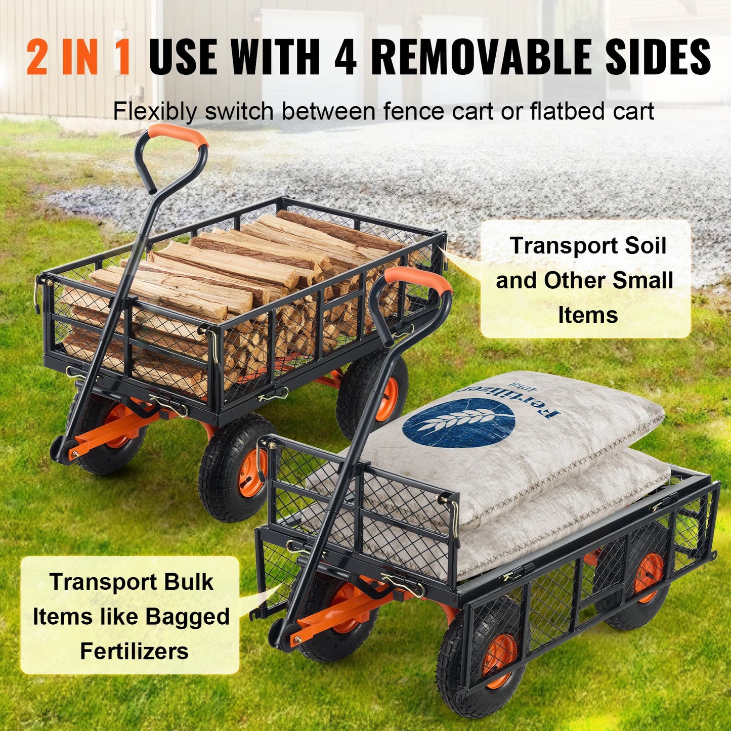 Garden Cart Sturdy Metal Utility Wagon with Simple Assembly Versatile Dump Cart Wheelbarrow with 400/880lbs Capacity