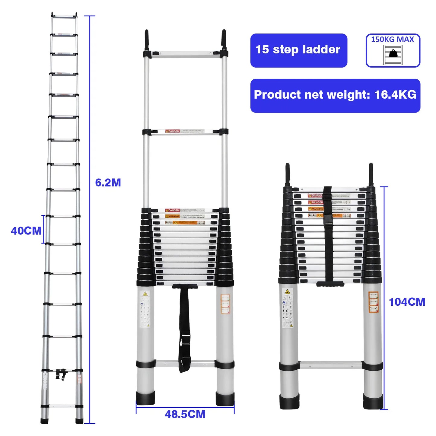 6.2M/20.3FT Multi-Purpose Aluminium Telescopic Ladder W/Detachable Hooks&Extendable Steps,load capacity 150kg,No-slip