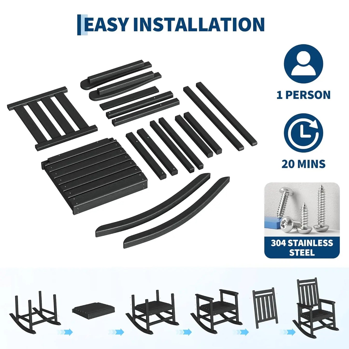 HDPE High Back Rocking Chair Set Outdoor Patio Porch All Weather Resistant w/ Side Table 2 Pcs, Customized