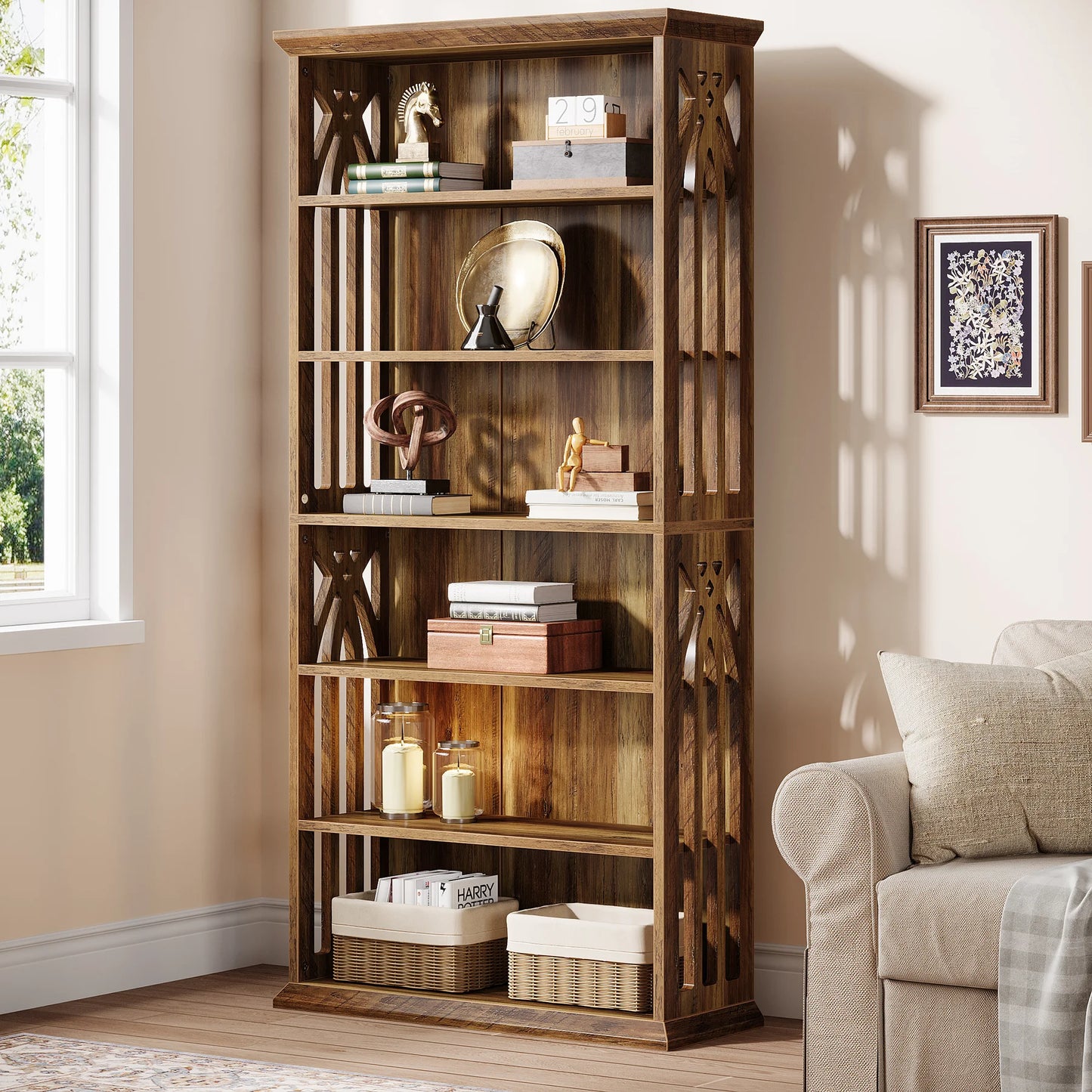 6-Tier Bookshelf, 75-Inch Tall Bookcase, Large Bookshelves and Bookcases Freestanding Display Shelves, Wood Bookshelf