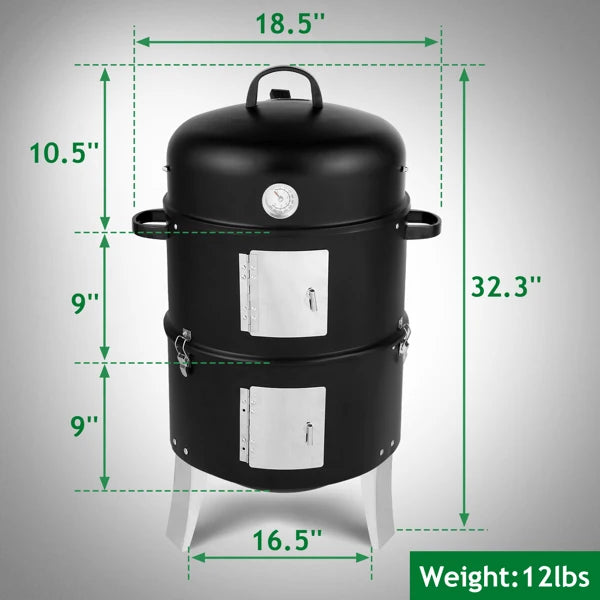 Vertical Steel Charcoal Smoker, Heavy Duty Double Layer Round BBQ Grill for Outdoor Cooking, Black