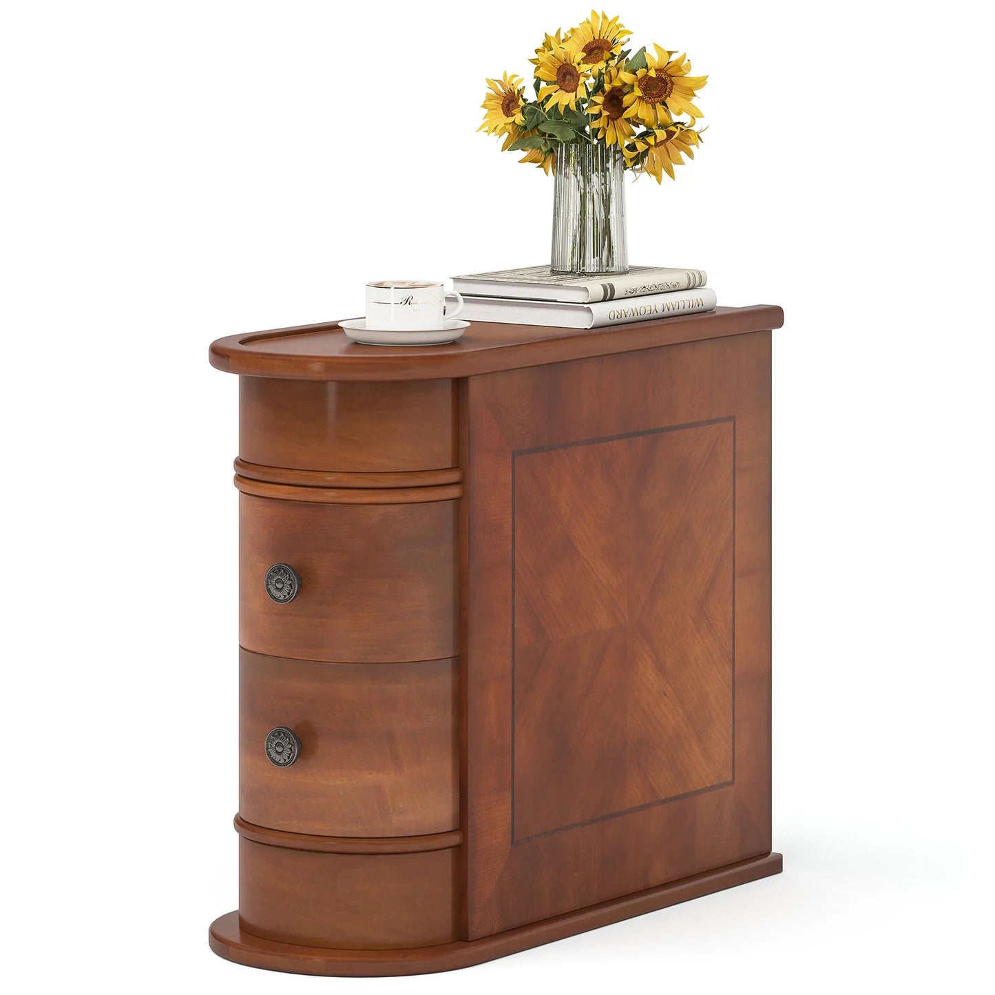 End Table Round Solid Wood Sofa Bedside Narrow Bedroom Side Table Nightstand with Drawer