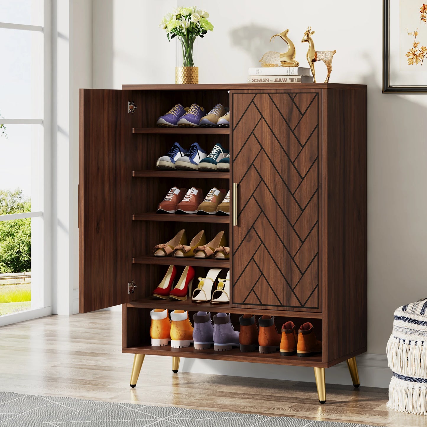6-Tier Shoe Cabinet with Doors, Walnut Wooden Shoe Storage Cabinet with Adjustable Shelves for Entryway