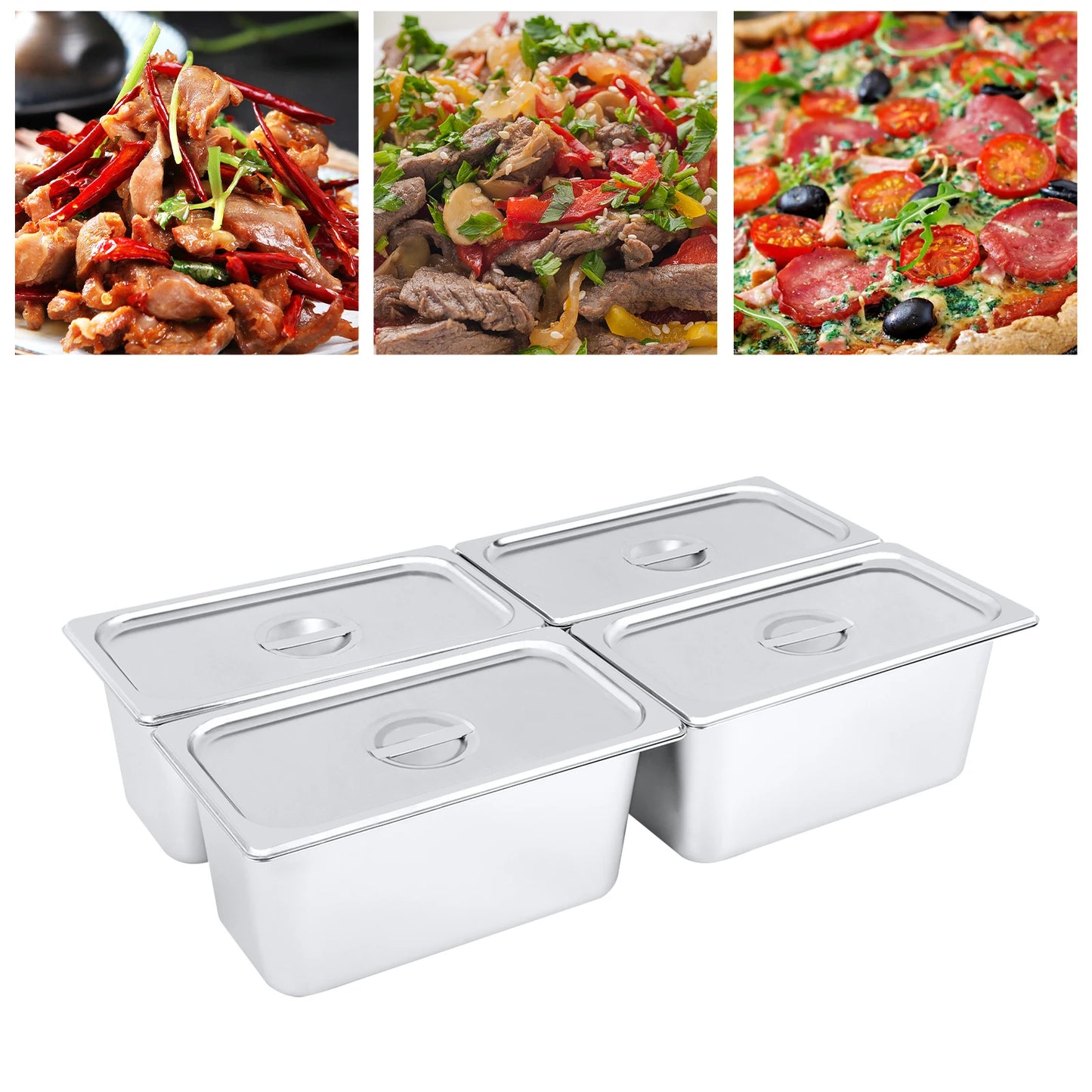 Steam Table Pan, 4-Pack 1/3 Size 6 Inch Steam Table Pans with Lids, 32.5x17.5x15cm Stainless Steel Food Pan