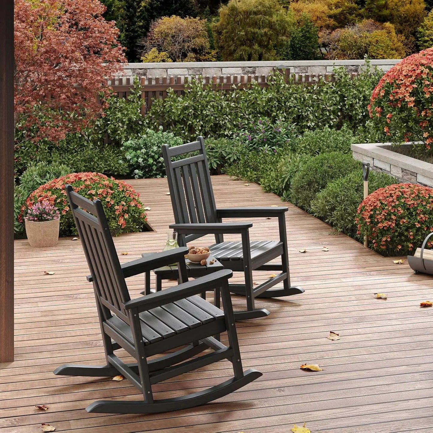 HDPE High Back Rocking Chair Set Outdoor Patio Porch All Weather Resistant w/ Side Table 2 Pcs, Customized