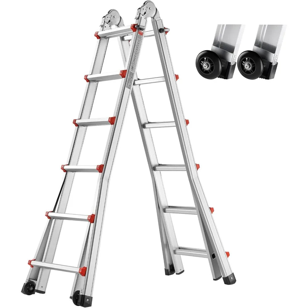 Telescoping A Frame Ladder, 20.5 FT Compact Aluminum Extension, Multi-Function Portable Collapsible RV, for Homework Stair