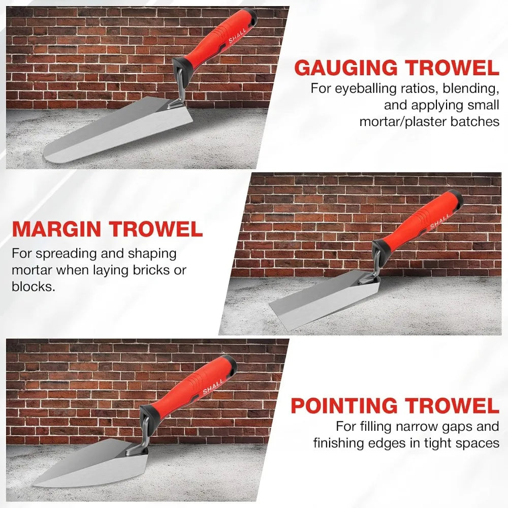 3-Piece Masonry Trowel Set: 6'' Margin, 5.5'' Pointing & 7'' Gauging Trowel with Soft Grip Handle for Concrete, Cement, Plaster, Tile Projects
