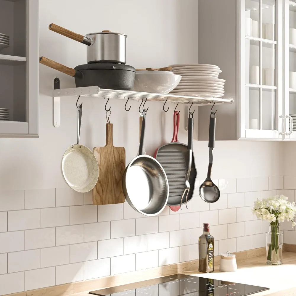 Kitchen Organization and Storage Rack, StainlSteel Metal Wall Shelf with 10 S Hooks for Hanging Pots and Pans, Chrome