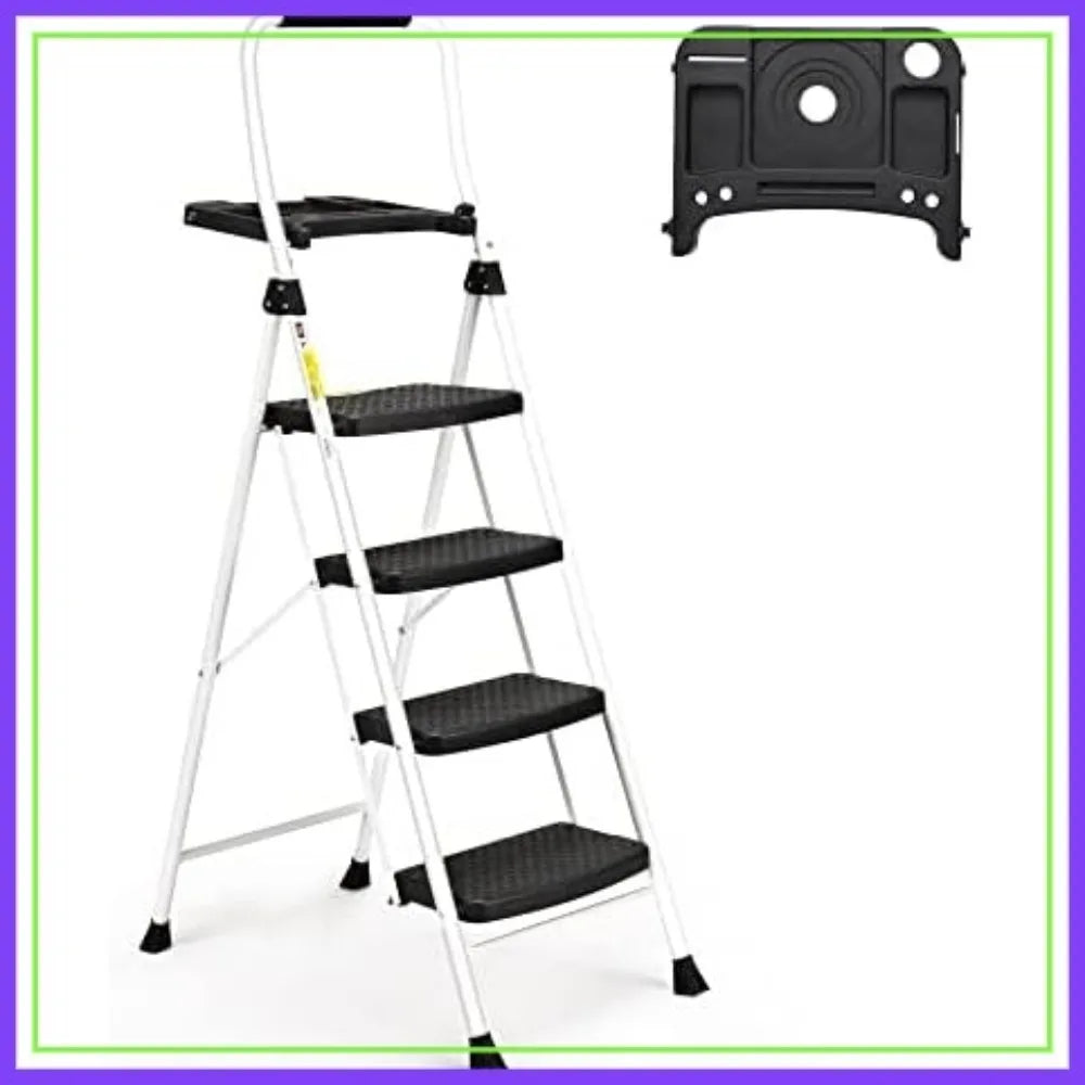 4 Step Folding Ladder with Tool Platform, 330LBS Capacity Steel Step Stool for Home Kitchen Pantry Office