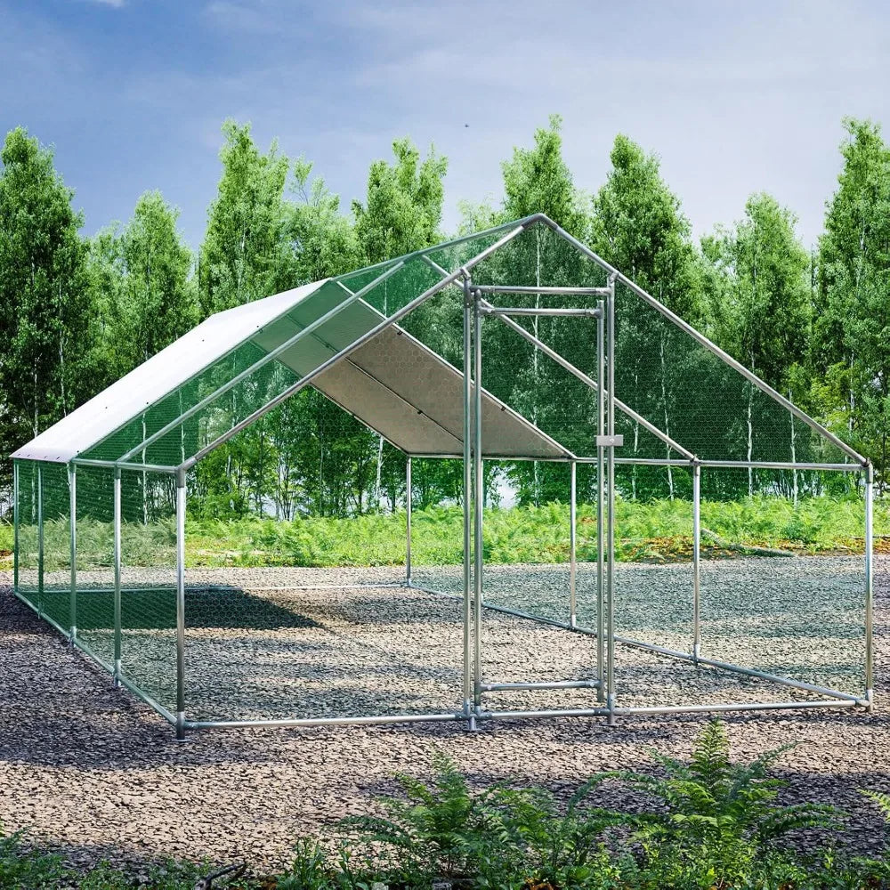 Large Metal Chicken Coop with Walk-in Access and UV-Protected Cover for Outdoor Poultry Housing