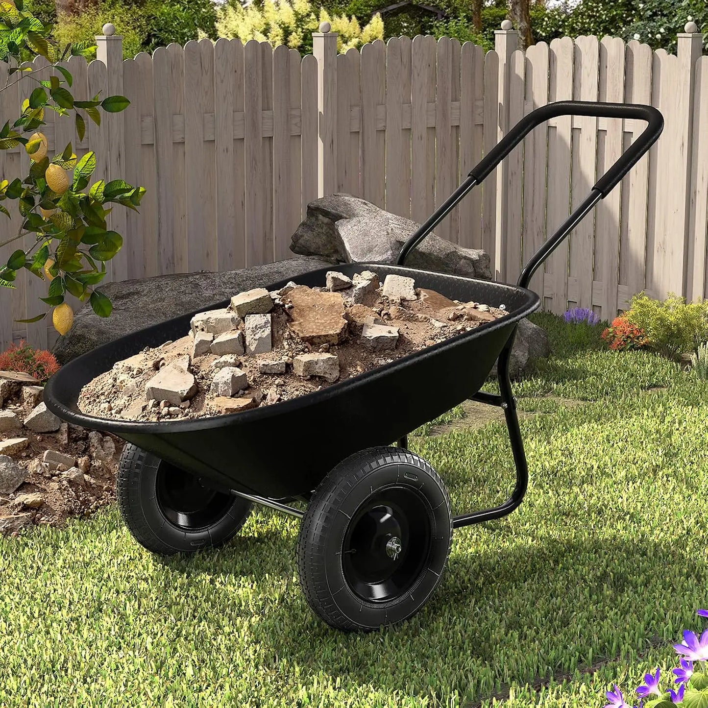 Enlarged 2-Wheel Wheelbarrow, Easy Loading and Dumping Garden Cart, Heavy Duty Utility Dump Cart for Outdoor Lawn Yard Farm Ranc