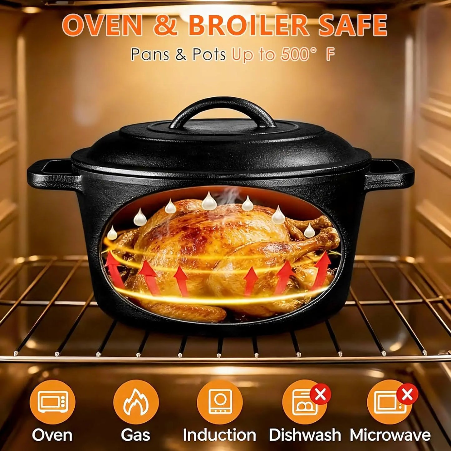 6 Piece Pre-Seasoned Cast Iron Cookware Set – Incl. 5QT Dutch Oven with Lid, 8'' and 10.25'' Cast Iron Skillets, 10.5'' Round Gr