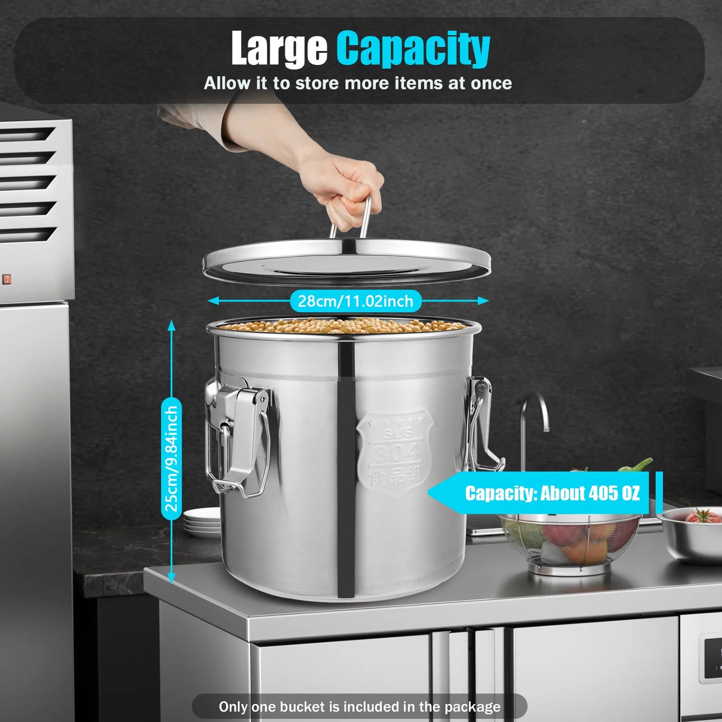 6/12/21/33L Stainless Steel Storage Bucket With Lids and 3 Sturdy Locking Clamp Storing Various Dry/Wet Items