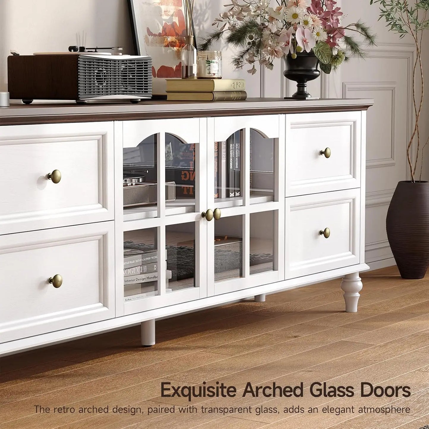 62 Inch Farmhouse Wood TV Stand Entertainment Center with Storage, 4 Drawers & Glass Doors, Adjustable Shelves Media Console for Living Room/Bedroom