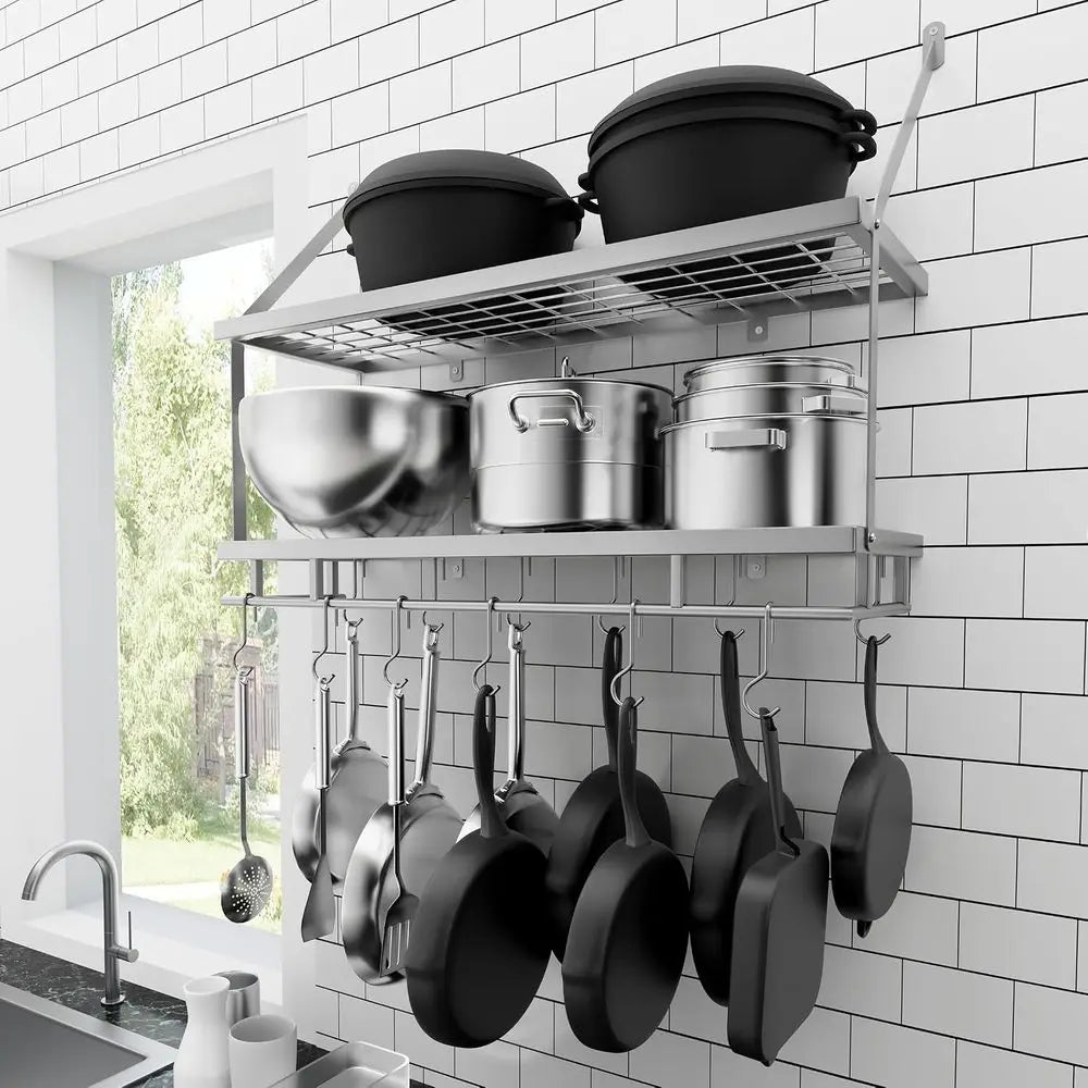 30-Inch Silver Gray Pot Rack Wall Mounted, 100 Lbs Capacity | 2-Tier, Hanging Pot and Pan Organizer with 12 Sturdy Hooks, Kitche
