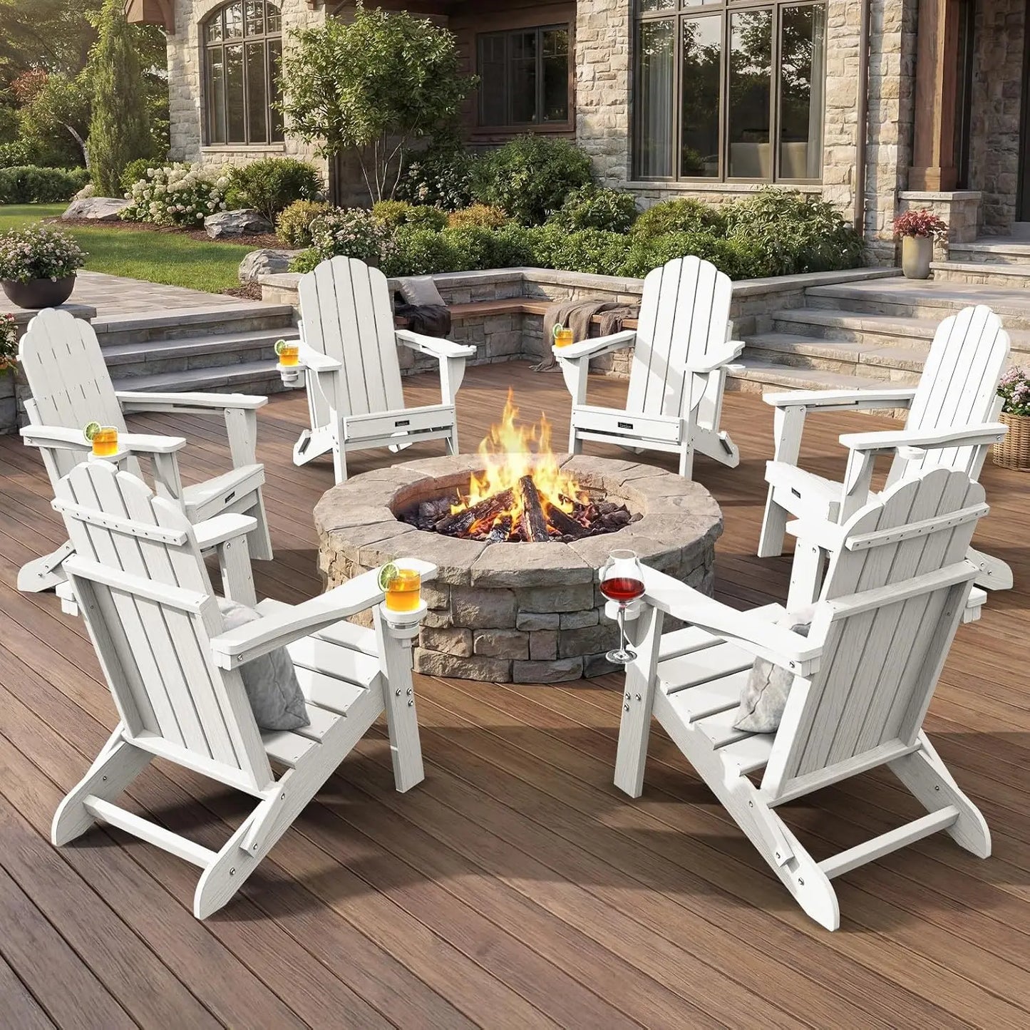 Adirondack Chairs Set of 6, Fire Pit Chairs, Wood Texture Patio Chairs with 2 Cup Holder, Outdoor Lawn Chair, Teak, Customized