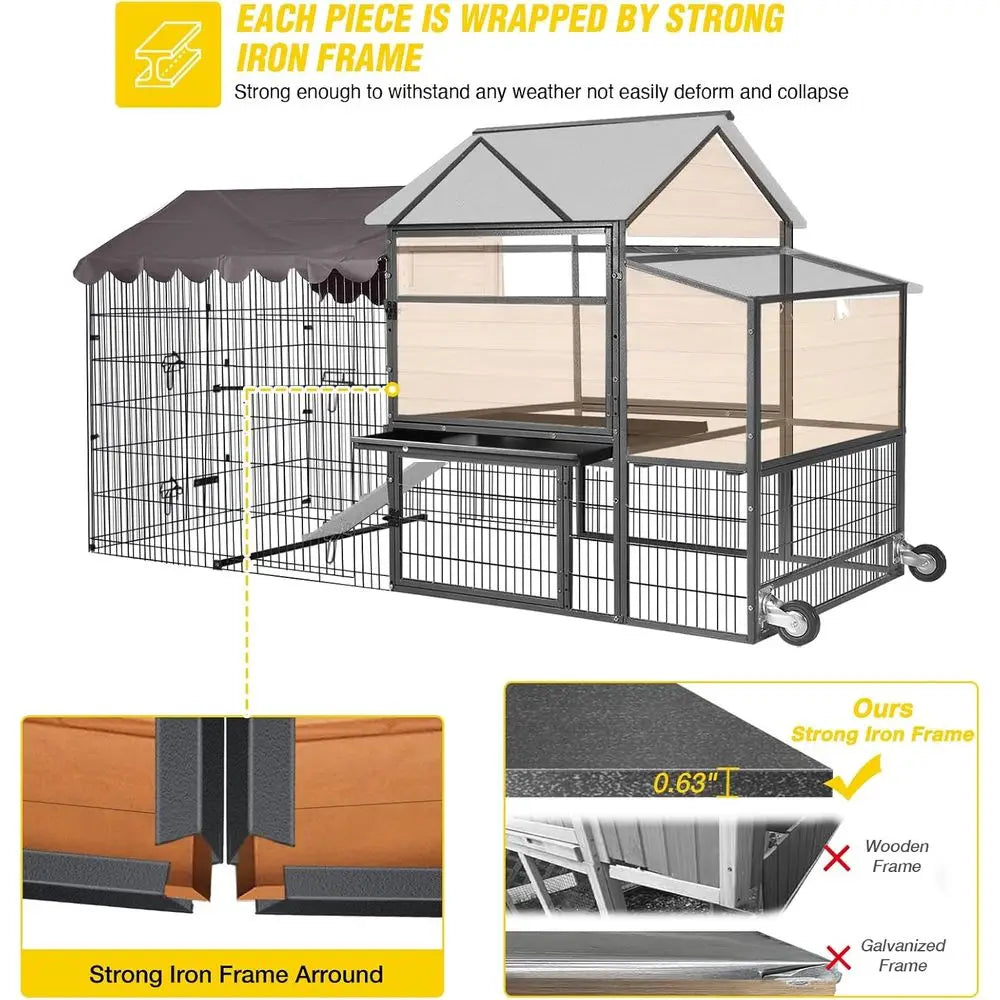 Super Large Mobile Chicken House 85 - Strong Iron Outdoor Poultry Cage with Nesting Box, Duck Coop, Waterproof Rain Cover