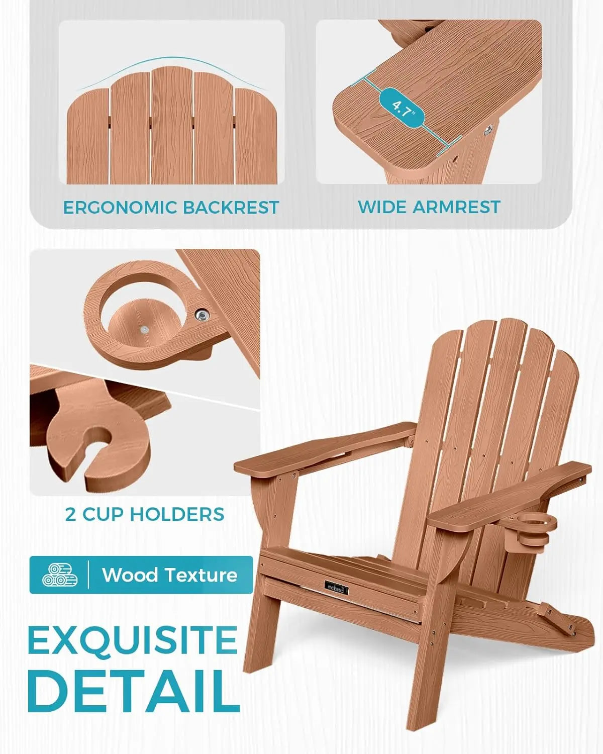 Adirondack Chairs Set of 6, Fire Pit Chairs, Wood Texture Patio Chairs with 2 Cup Holder, Outdoor Lawn Chair, Teak, Customized