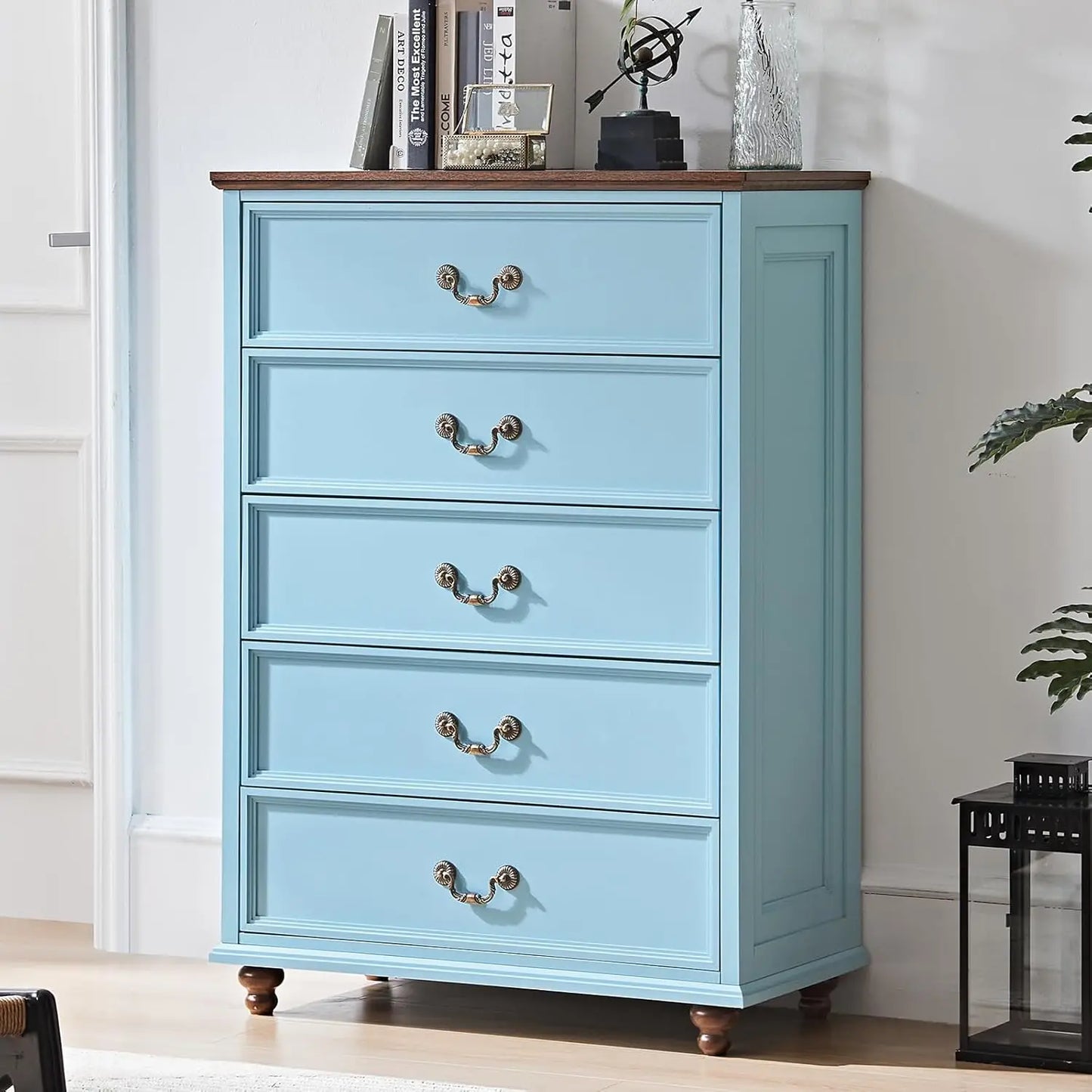 Farmhouse 5 Drawer Dresser for Bedroom, 45" Tall Rustic Chests of Drawers w/ 4 Solid Wood Feet, Mid Century Modern, Customized