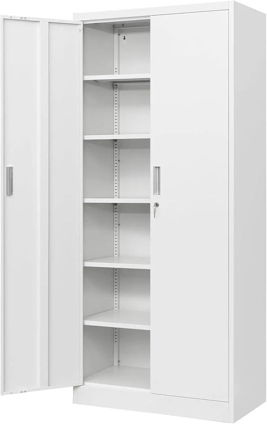 Metal Storage Cabinet, 71”H Locking Storage Cabinet with 5 Adjustable Shelves, Steel Cabinets for Garage, Pantry (White)