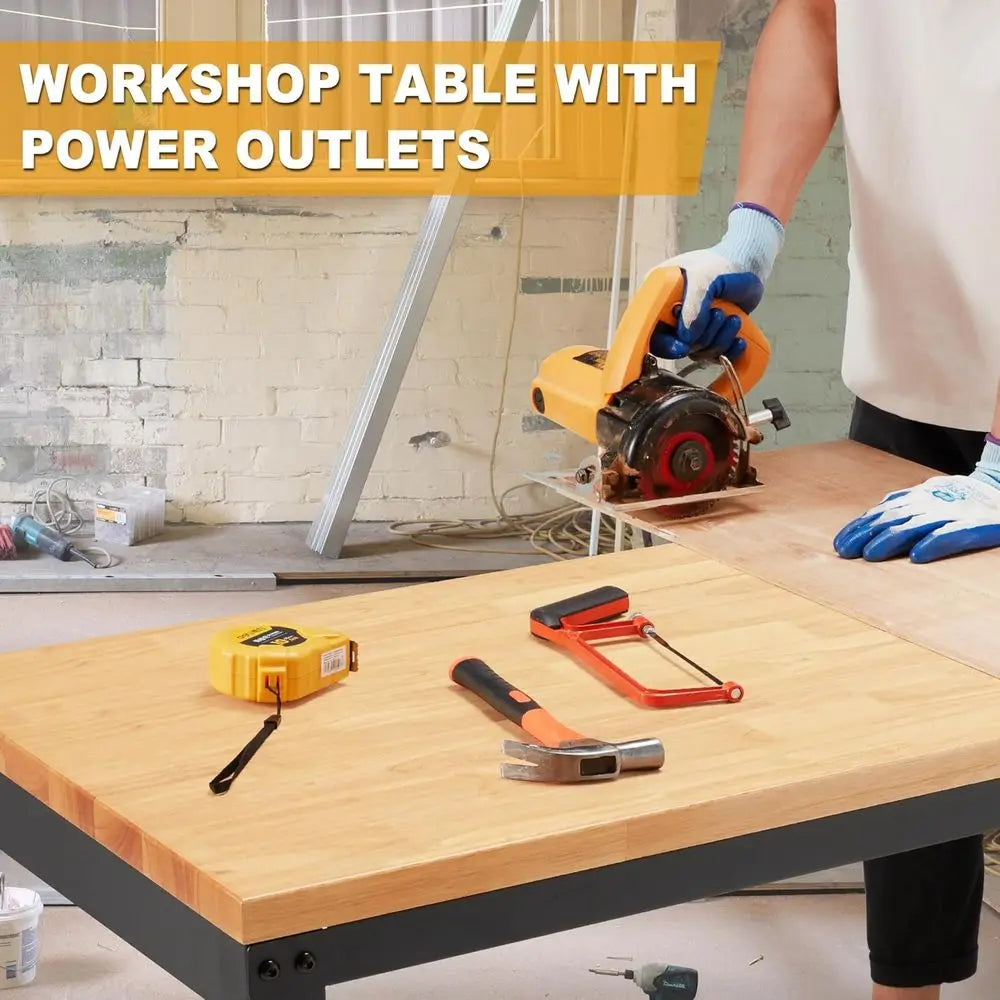 Height Adjustable Workbench 60" 2000 Lbs Capacity Solid Wood Work Station Heavy-Duty Work Tables with Power Outlets for Garage P