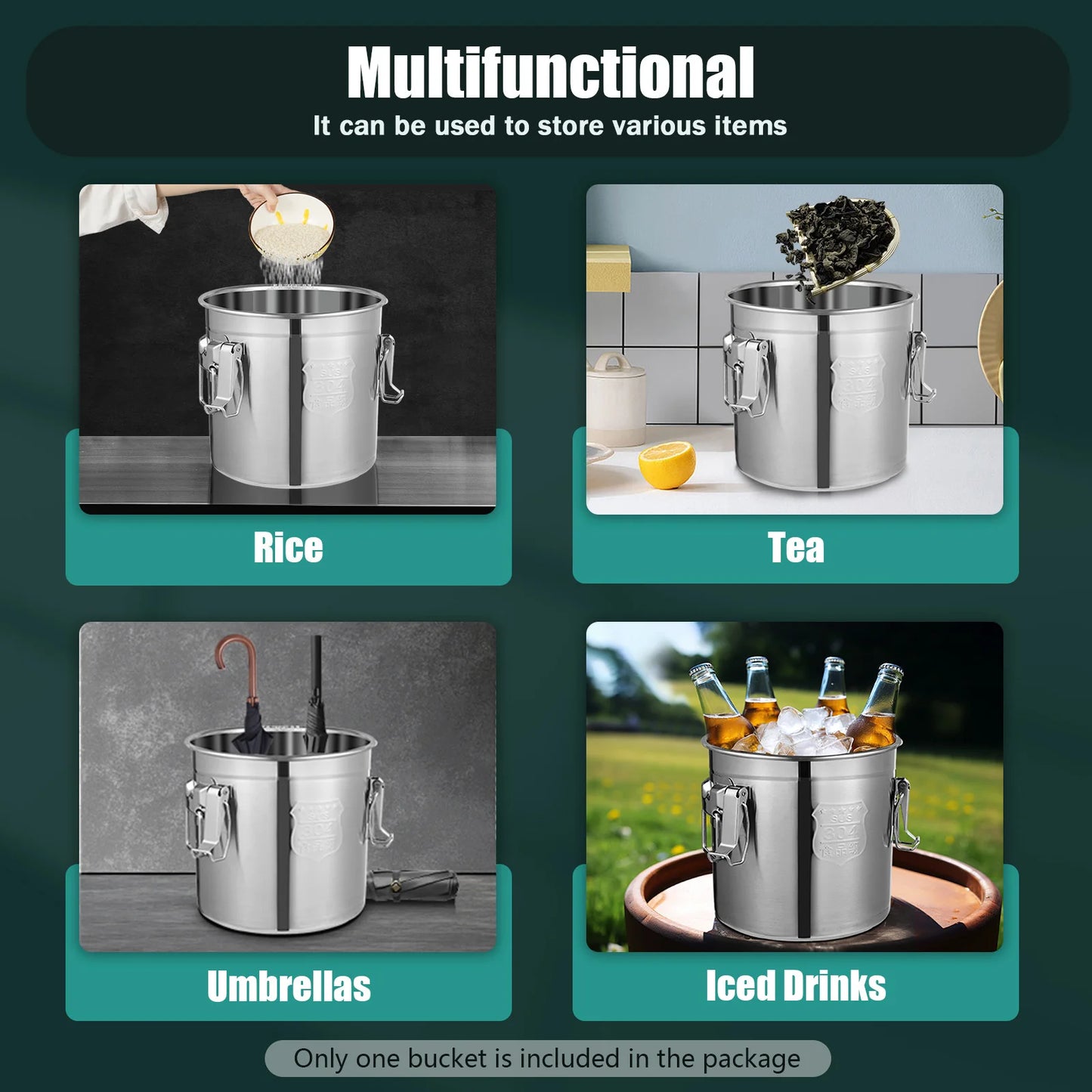 6/12/21/33L Stainless Steel Storage Bucket With Lids and 3 Sturdy Locking Clamp Storing Various Dry/Wet Items