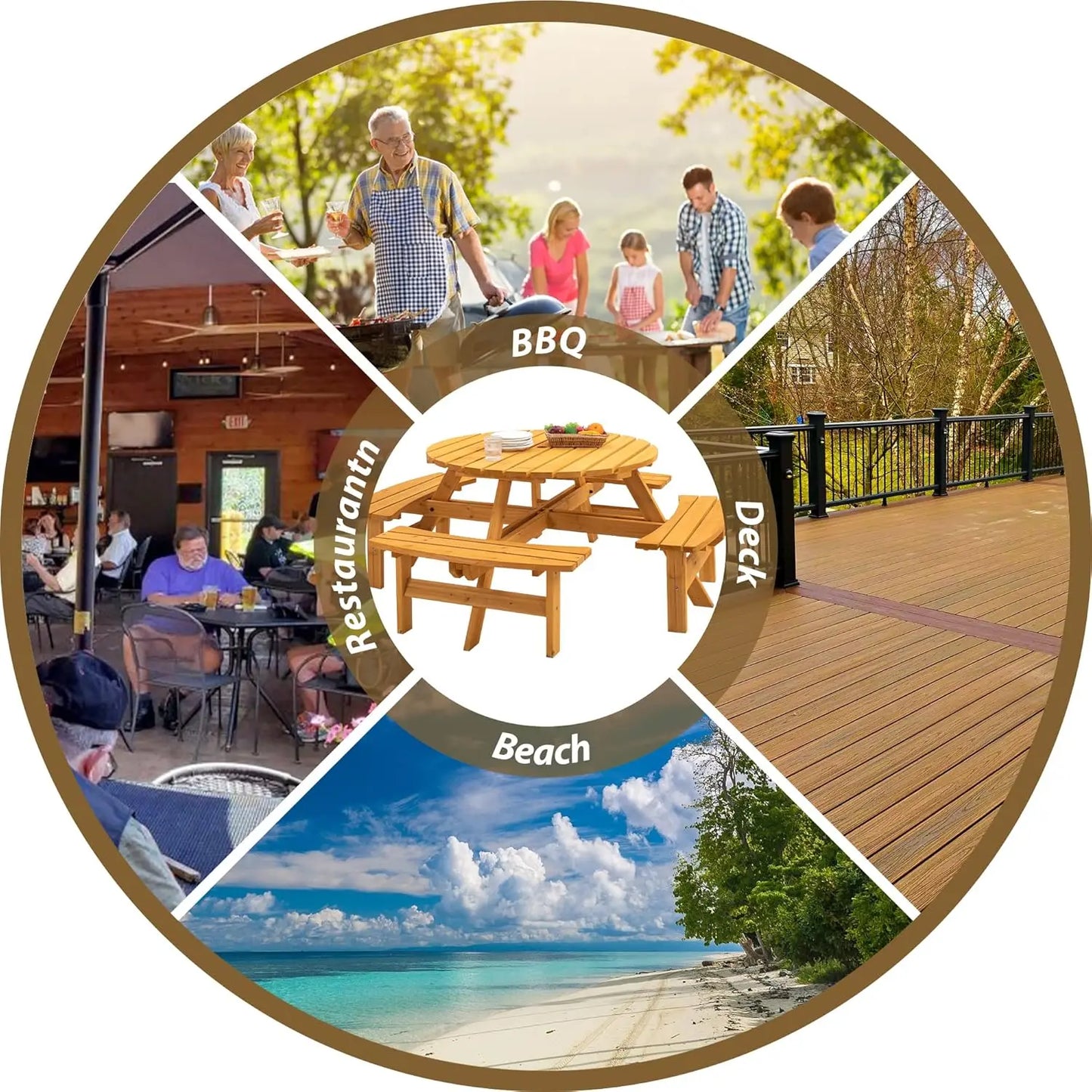 8-Person Wooden Picnic Table, Outdoor Round Table with Built-in Benches and Umbrella Hole, Picnic Table Bench Set, Customized