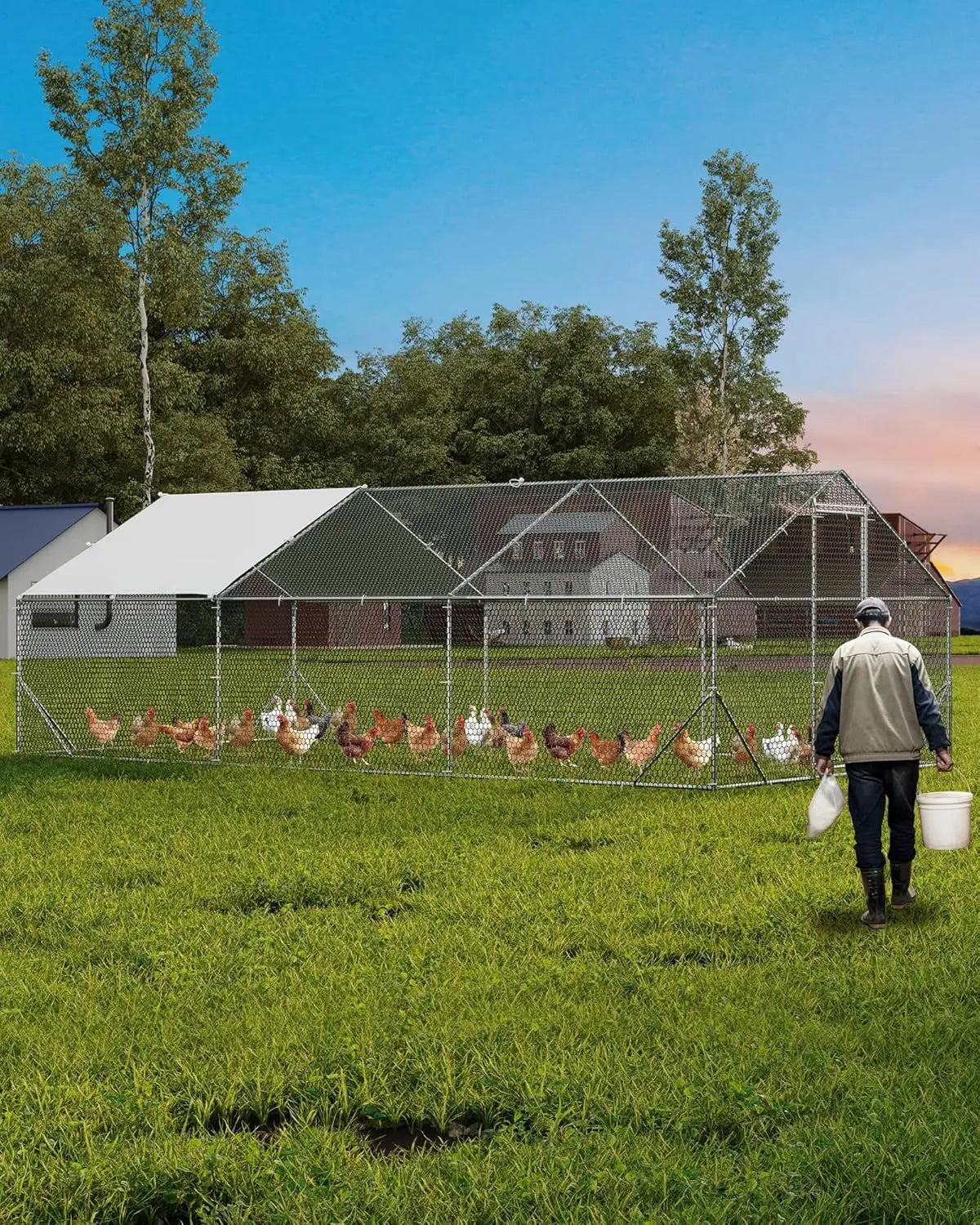 Chicken Coop Large Metal Chicken Run Walk-in Poultry Cage Pen w/ Anti-UV and Waterproof Cover for Duck Rabbits Yard Outdoor Farm