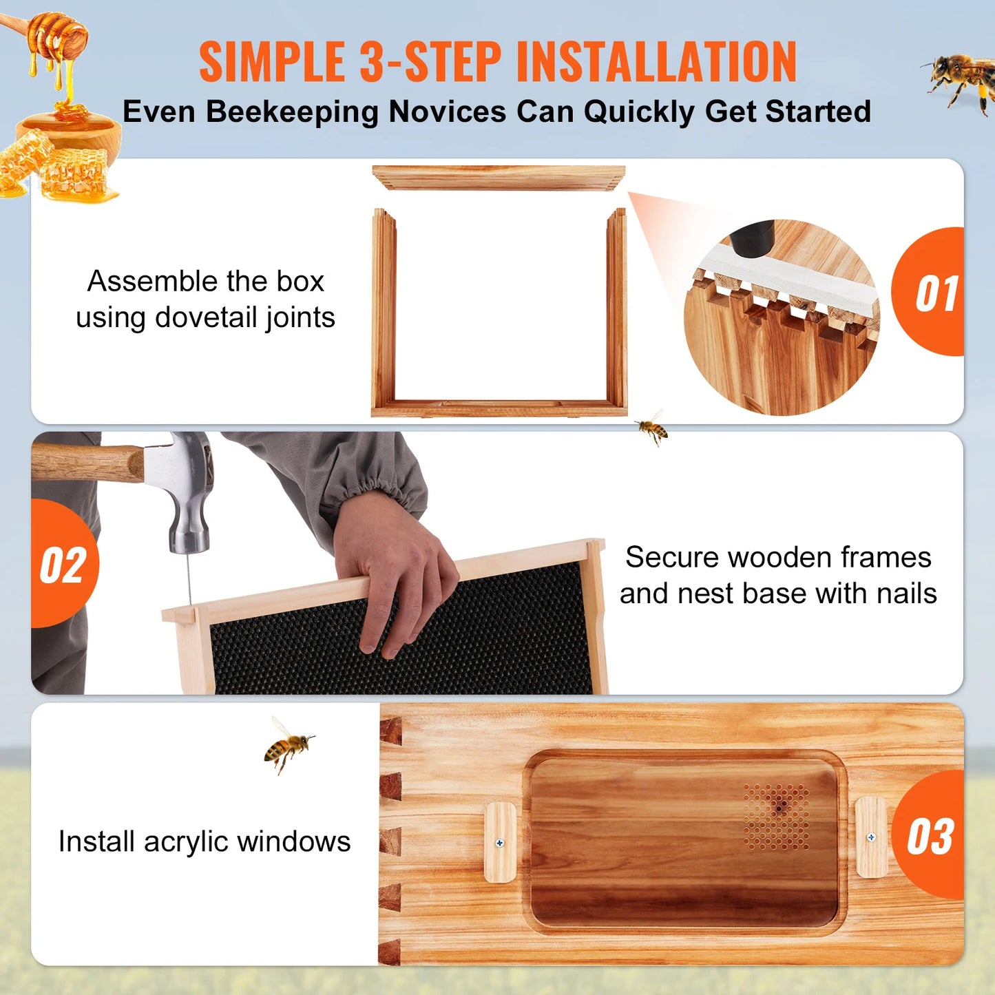 Bee Hive Deep Box Starter Kit 100% Beeswax Coated Natural Cedar Wood Langstroth Beehive Kit Transparent Acrylic