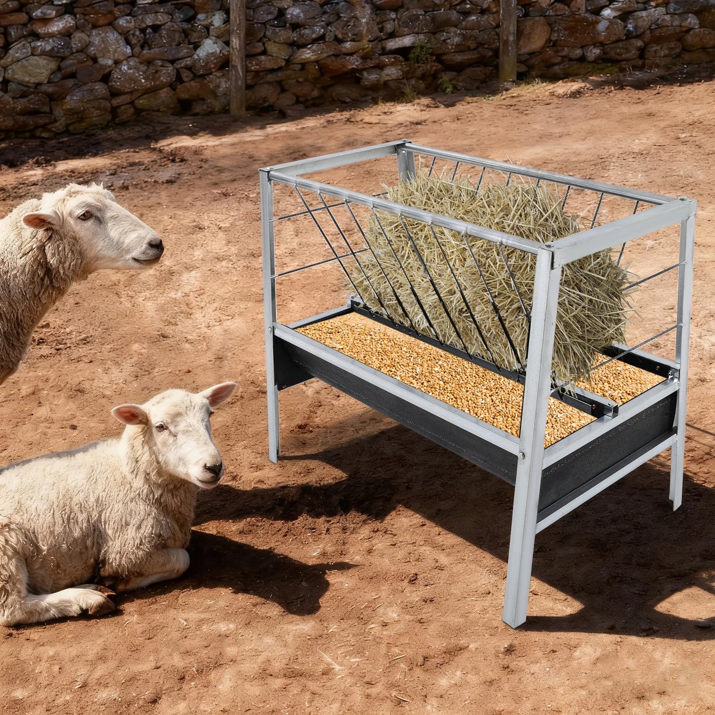 Large Capacity 2-in-1 Grain & Hay Feeder for Goats Sheep Horse with Pre-drilled Holes Round Edges Durable Feed Trough