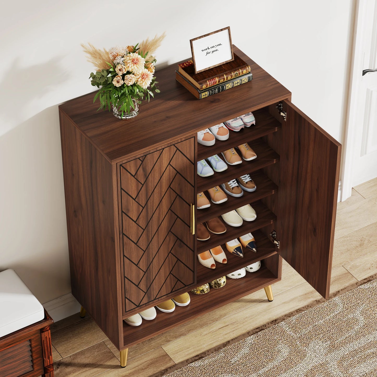 6-Tier Shoe Cabinet with Doors, Walnut Wooden Shoe Storage Cabinet with Adjustable Shelves for Entryway